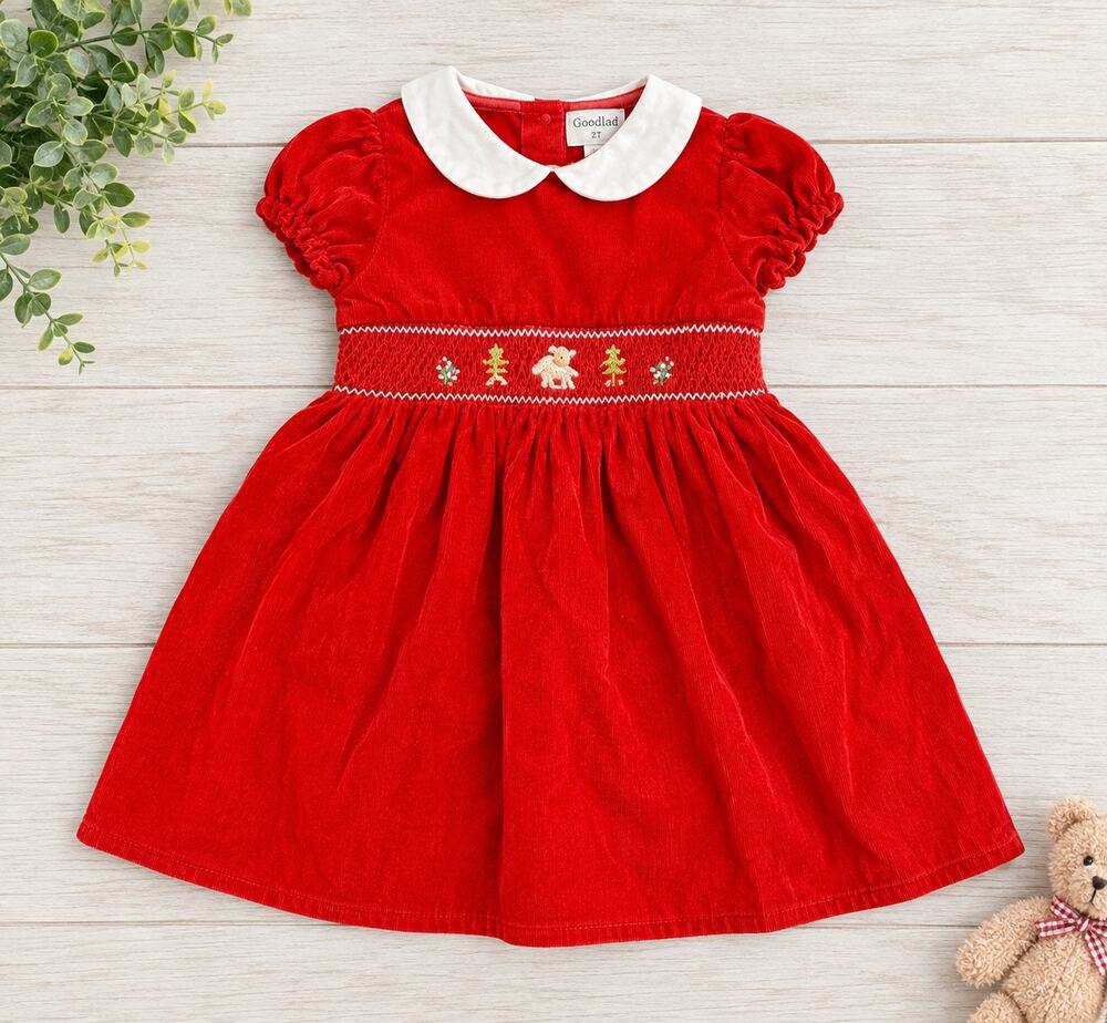 GoodLad Corduroy Christmas Dress Smocked Embroidered Red Size 2T Vintage